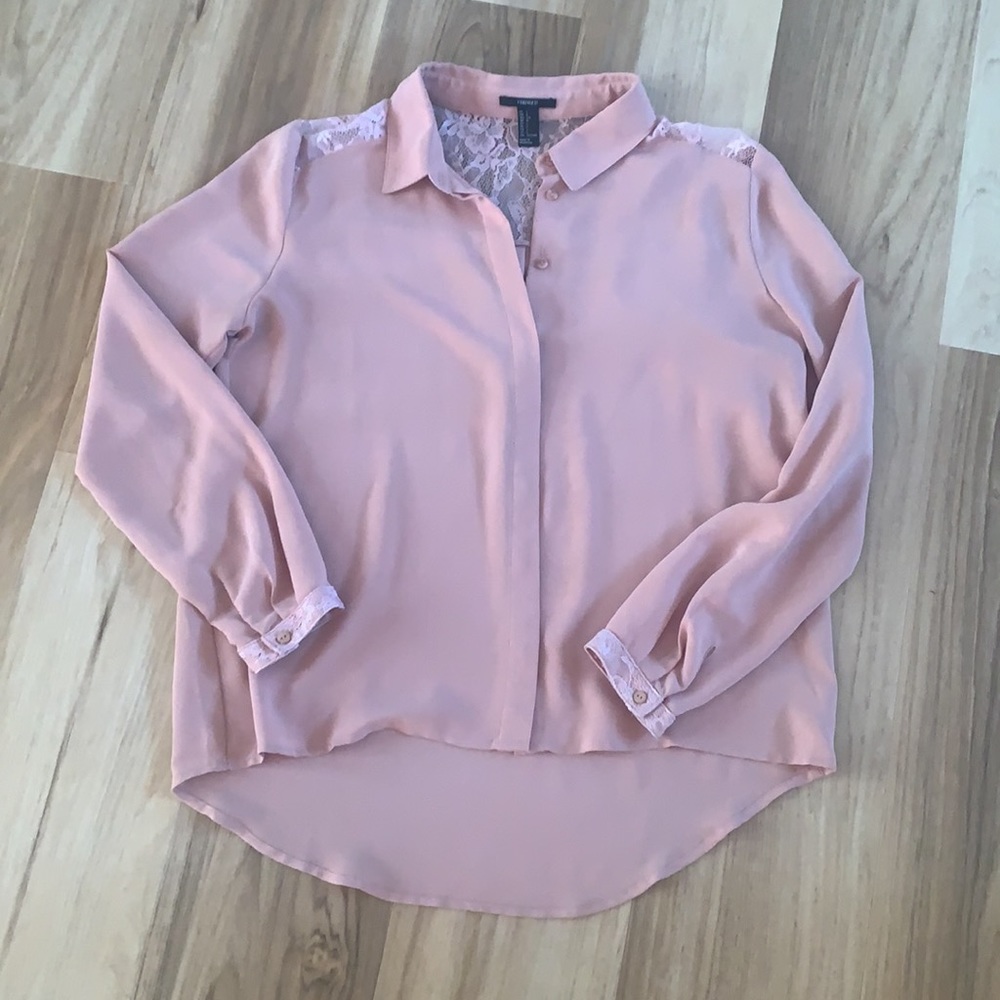 Blush lace back long sleeve button down blouse